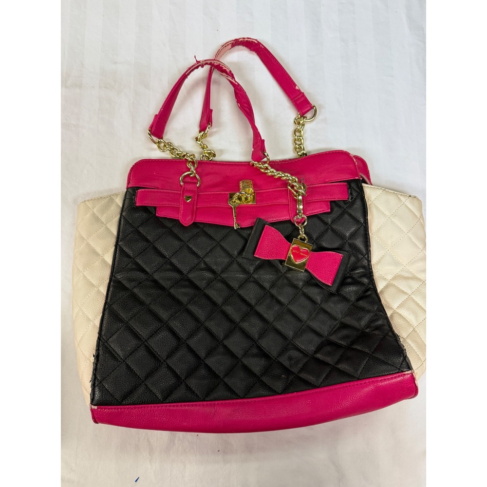 Betsey Johnson Quilted Tote Bag Pink Black Cream Gold Heart Bow Charm Scene Y2K